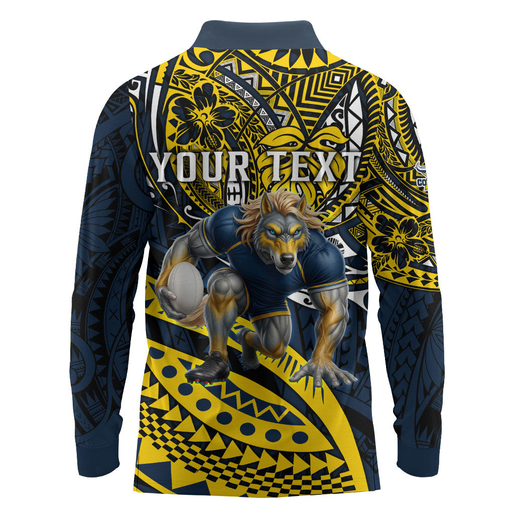 Personalised North Queensland Cowboys Long Sleeve Polo Shirt Polynesian Tribal Art Style With Powerful Blue Heeler Mascot