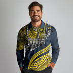 Personalised North Queensland Cowboys Long Sleeve Polo Shirt Polynesian Tribal Art Style With Powerful Blue Heeler Mascot