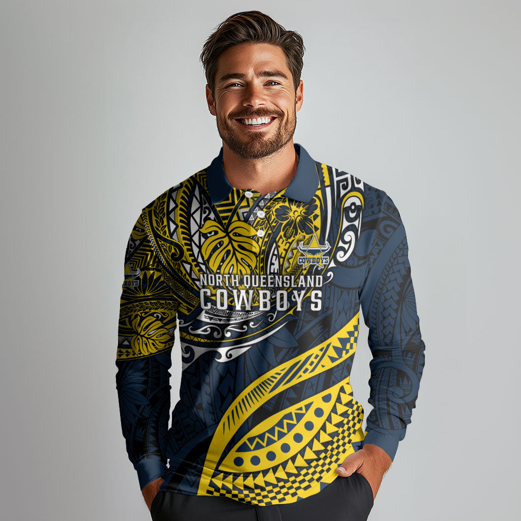 Personalised North Queensland Cowboys Long Sleeve Polo Shirt Polynesian Tribal Art Style With Powerful Blue Heeler Mascot