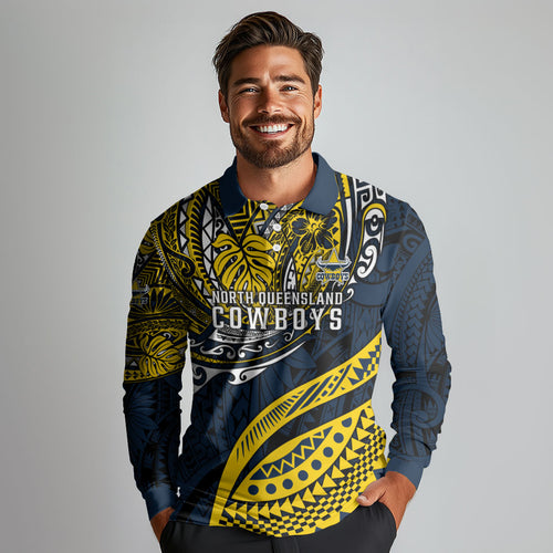 Personalised North Queensland Cowboys Long Sleeve Polo Shirt Polynesian Tribal Art Style With Powerful Blue Heeler Mascot