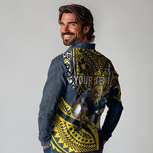 Personalised North Queensland Cowboys Long Sleeve Polo Shirt Polynesian Tribal Art Style With Powerful Blue Heeler Mascot