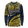 Personalised North Queensland Cowboys Long Sleeve Shirt Polynesian Tribal Art Style With Powerful Blue Heeler Mascot
