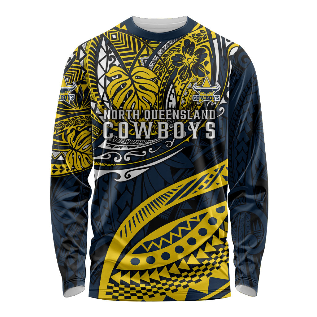 Personalised North Queensland Cowboys Long Sleeve Shirt Polynesian Tribal Art Style With Powerful Blue Heeler Mascot