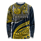Personalised North Queensland Cowboys Long Sleeve Shirt Polynesian Tribal Art Style With Powerful Blue Heeler Mascot