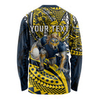 Personalised North Queensland Cowboys Long Sleeve Shirt Polynesian Tribal Art Style With Powerful Blue Heeler Mascot