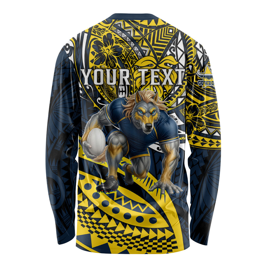 Personalised North Queensland Cowboys Long Sleeve Shirt Polynesian Tribal Art Style With Powerful Blue Heeler Mascot