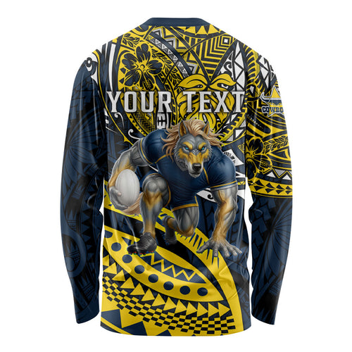 Personalised North Queensland Cowboys Long Sleeve Shirt Polynesian Tribal Art Style With Powerful Blue Heeler Mascot