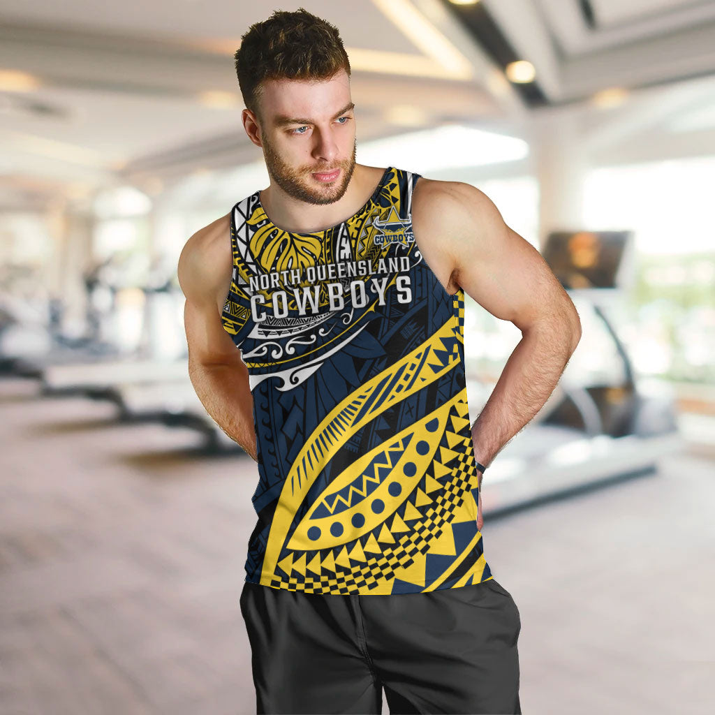 Personalised North Queensland Cowboys Men Tank Top Polynesian Tribal Art Style With Powerful Blue Heeler Mascot