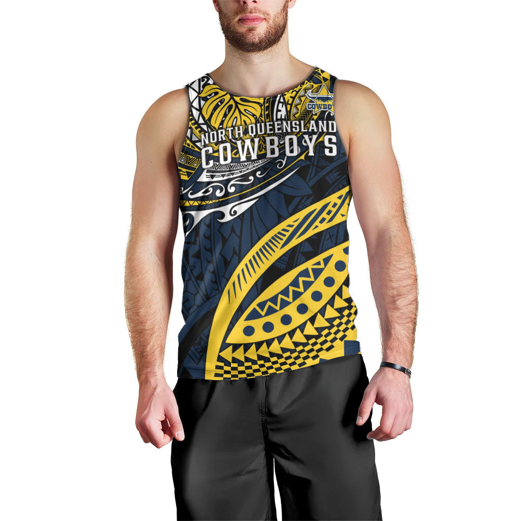 Personalised North Queensland Cowboys Men Tank Top Polynesian Tribal Art Style With Powerful Blue Heeler Mascot