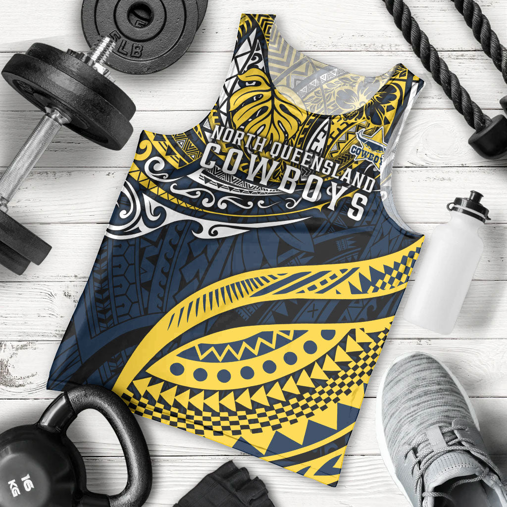 Personalised North Queensland Cowboys Men Tank Top Polynesian Tribal Art Style With Powerful Blue Heeler Mascot