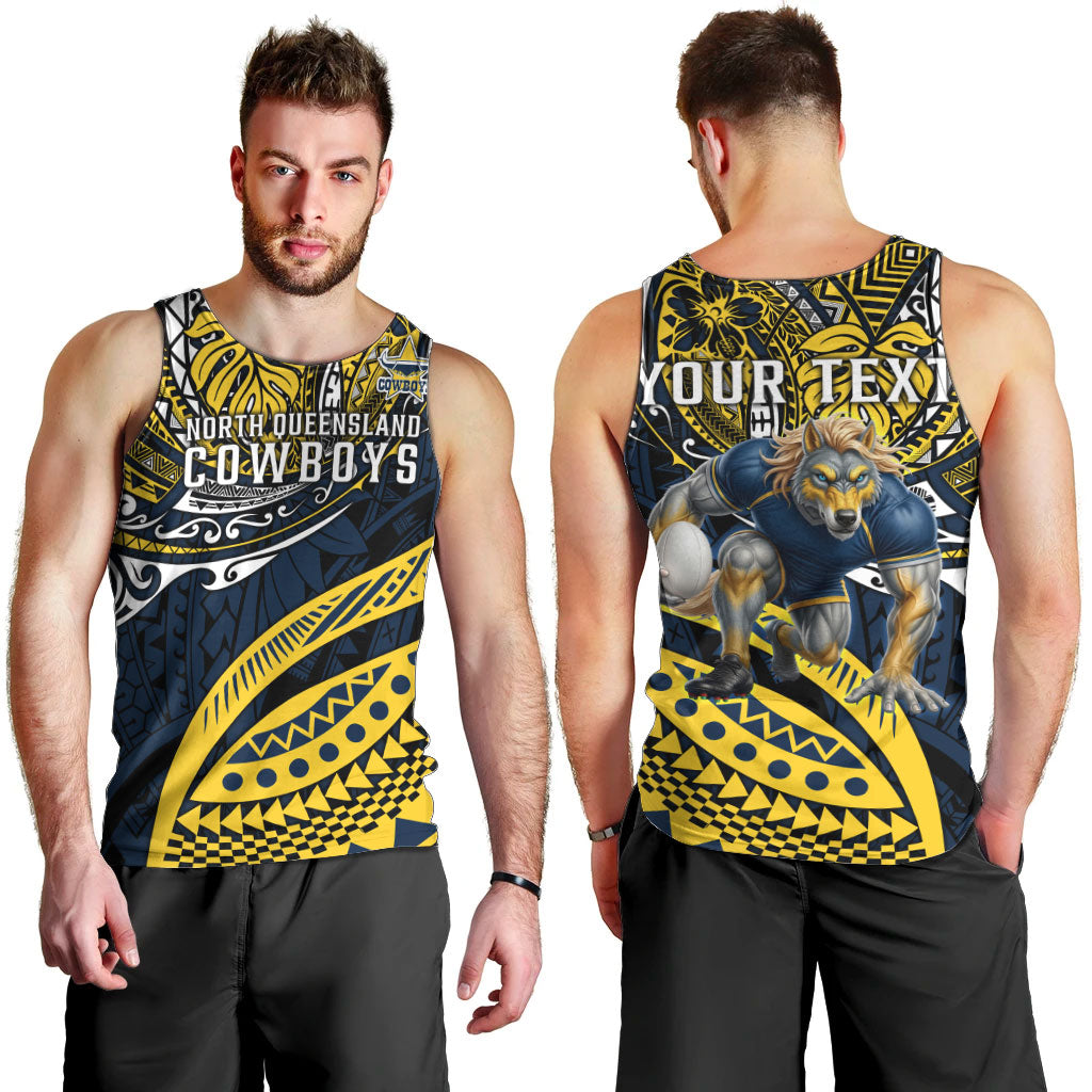 Personalised North Queensland Cowboys Men Tank Top Polynesian Tribal Art Style With Powerful Blue Heeler Mascot
