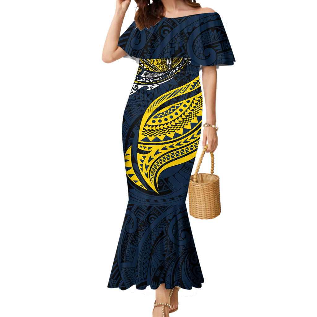 Personalised North Queensland Cowboys Mermaid Dress Polynesian Tribal Art Style With Powerful Blue Heeler Mascot
