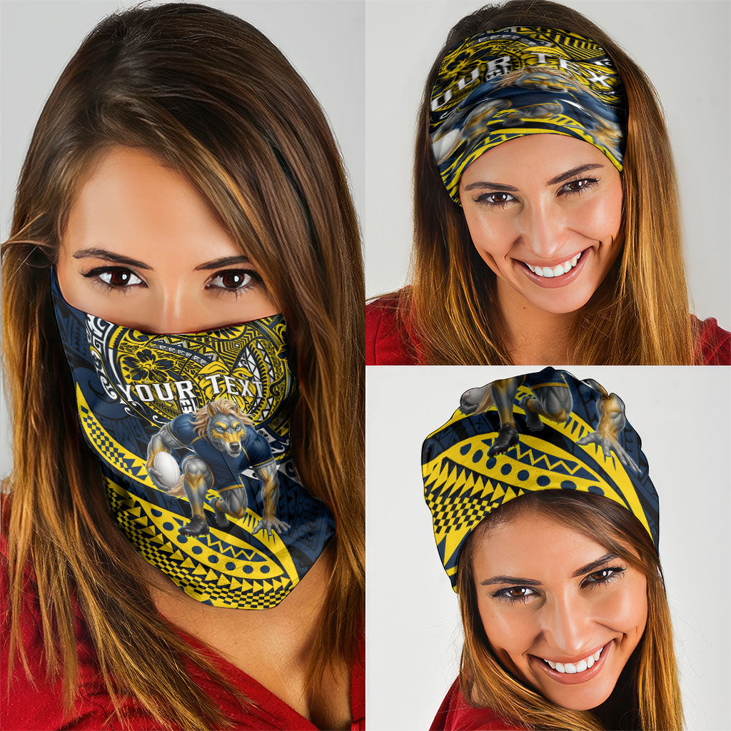 Personalised North Queensland Cowboys Neck Gaiter Polynesian Tribal Art Style With Powerful Blue Heeler Mascot