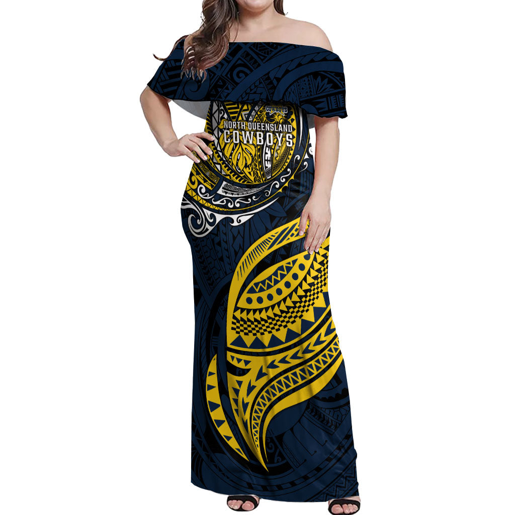 Personalised North Queensland Cowboys Off Shoulder Maxi Dress Polynesian Tribal Art Style With Powerful Blue Heeler Mascot