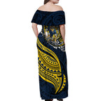 Personalised North Queensland Cowboys Off Shoulder Maxi Dress Polynesian Tribal Art Style With Powerful Blue Heeler Mascot