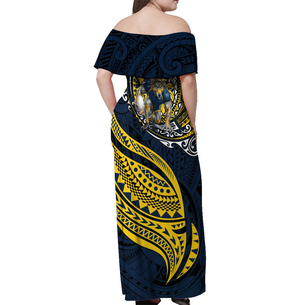 Personalised North Queensland Cowboys Off Shoulder Maxi Dress Polynesian Tribal Art Style With Powerful Blue Heeler Mascot