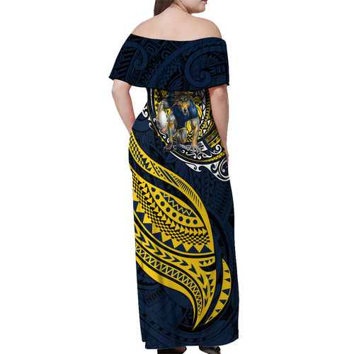 Personalised North Queensland Cowboys Off Shoulder Maxi Dress Polynesian Tribal Art Style With Powerful Blue Heeler Mascot