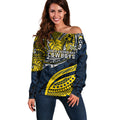 Personalised North Queensland Cowboys Off Shoulder Sweater Polynesian Tribal Art Style With Powerful Blue Heeler Mascot