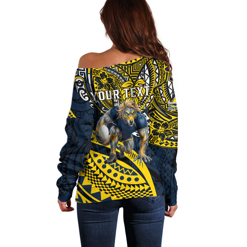 Personalised North Queensland Cowboys Off Shoulder Sweater Polynesian Tribal Art Style With Powerful Blue Heeler Mascot