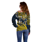 Personalised North Queensland Cowboys Off Shoulder Sweater Polynesian Tribal Art Style With Powerful Blue Heeler Mascot
