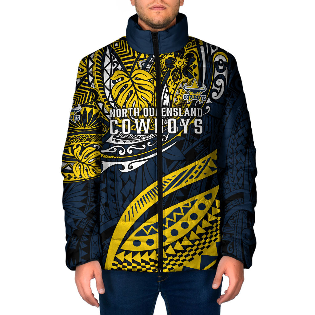 Personalised North Queensland Cowboys Padded Jacket Polynesian Tribal Art Style With Powerful Blue Heeler Mascot