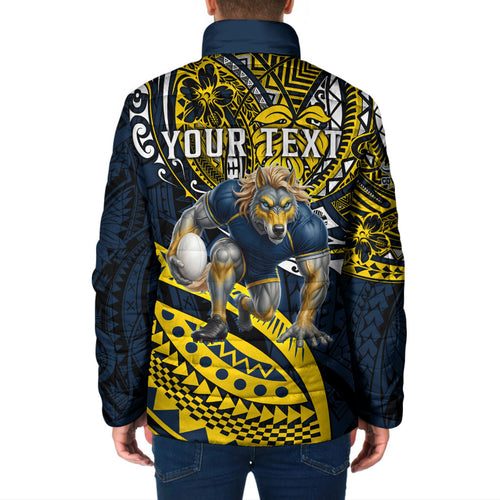 Personalised North Queensland Cowboys Padded Jacket Polynesian Tribal Art Style With Powerful Blue Heeler Mascot