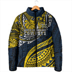 Personalised North Queensland Cowboys Padded Jacket Polynesian Tribal Art Style With Powerful Blue Heeler Mascot