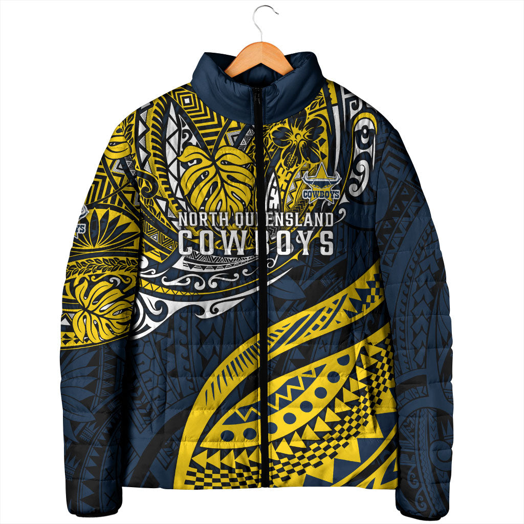 Personalised North Queensland Cowboys Padded Jacket Polynesian Tribal Art Style With Powerful Blue Heeler Mascot