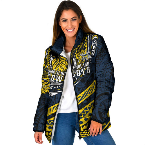 Personalised North Queensland Cowboys Padded Jacket Polynesian Tribal Art Style With Powerful Blue Heeler Mascot