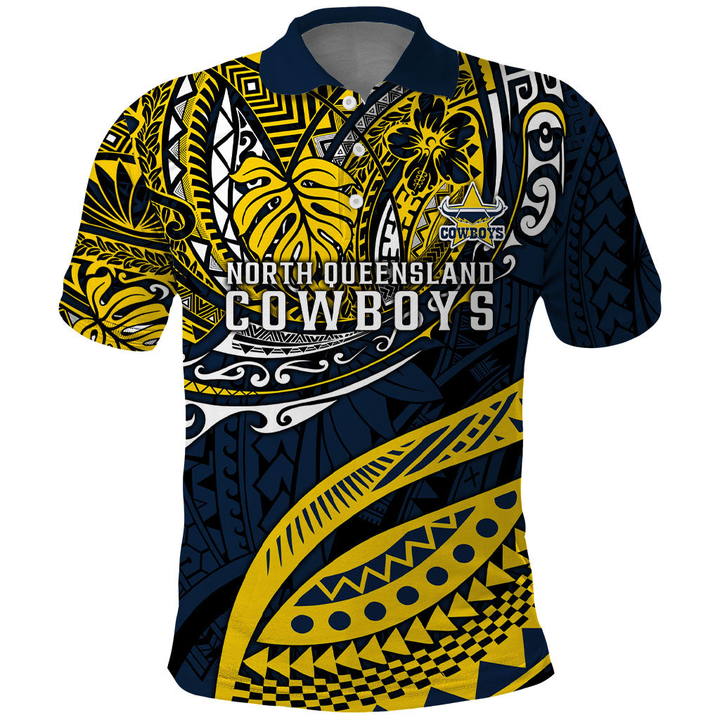 Personalised North Queensland Cowboys Polo Shirt Polynesian Tribal Art Style With Powerful Blue Heeler Mascot