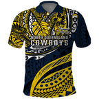 Personalised North Queensland Cowboys Polo Shirt Polynesian Tribal Art Style With Powerful Blue Heeler Mascot