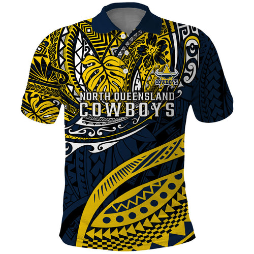 Personalised North Queensland Cowboys Polo Shirt Polynesian Tribal Art Style With Powerful Blue Heeler Mascot