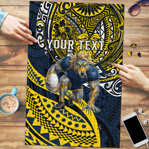 Personalised North Queensland Cowboys Puzzle Polynesian Tribal Art Style With Powerful Blue Heeler Mascot