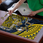 Personalised North Queensland Cowboys Puzzle Polynesian Tribal Art Style With Powerful Blue Heeler Mascot
