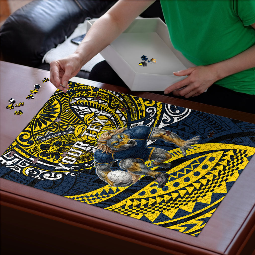 Personalised North Queensland Cowboys Puzzle Polynesian Tribal Art Style With Powerful Blue Heeler Mascot