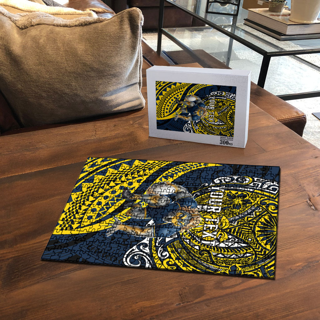 Personalised North Queensland Cowboys Puzzle Polynesian Tribal Art Style With Powerful Blue Heeler Mascot