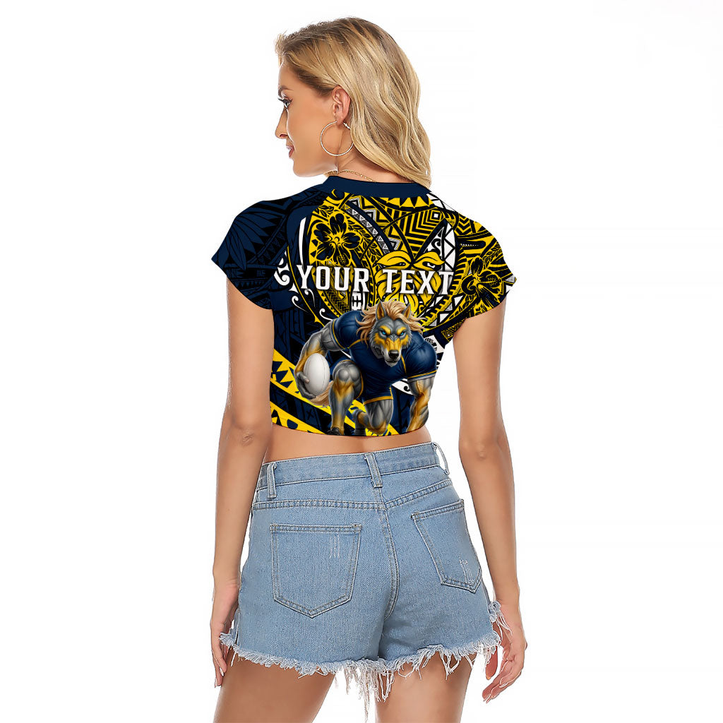 Personalised North Queensland Cowboys Raglan Cropped T Shirt Polynesian Tribal Art Style With Powerful Blue Heeler Mascot