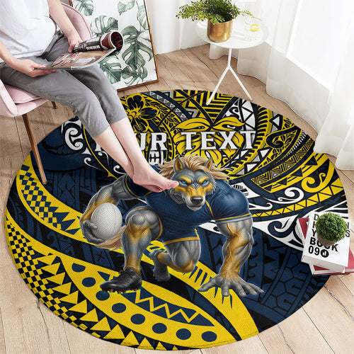 Personalised North Queensland Cowboys Round Carpet Polynesian Tribal Art Style With Powerful Blue Heeler Mascot