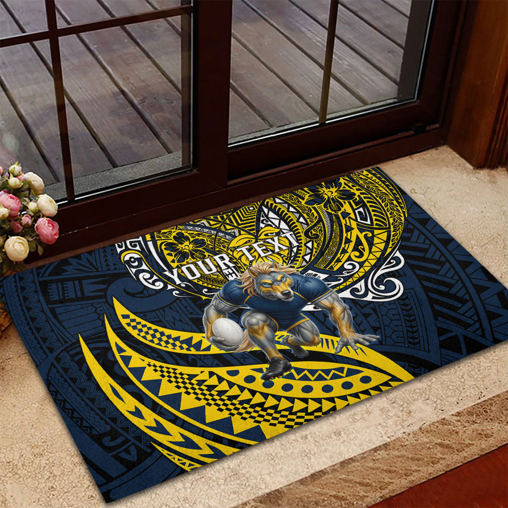 Personalised North Queensland Cowboys Rubber Doormat Polynesian Tribal Art Style With Powerful Blue Heeler Mascot