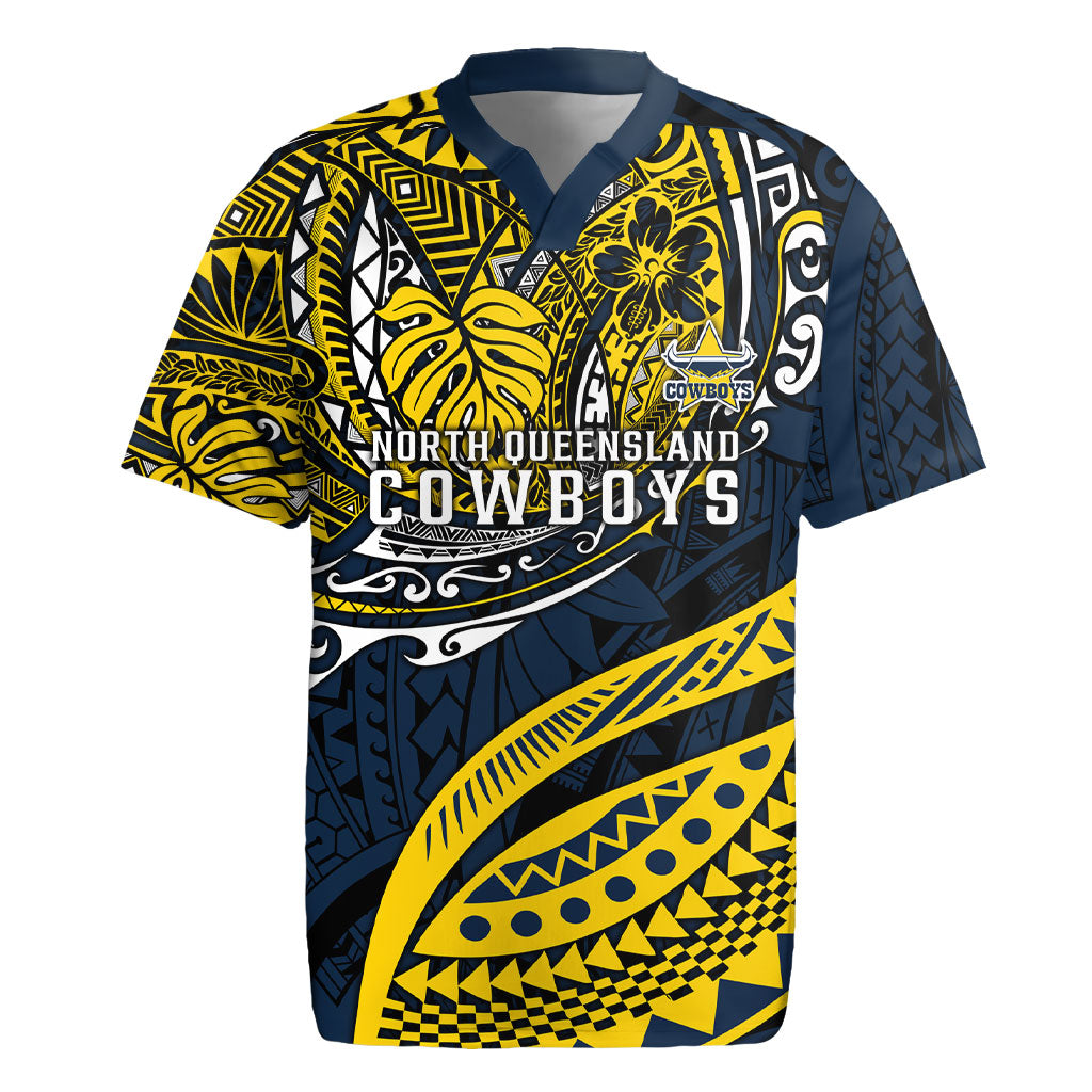 Personalised North Queensland Cowboys Rugby Jersey Polynesian Tribal Art Style With Powerful Blue Heeler Mascot