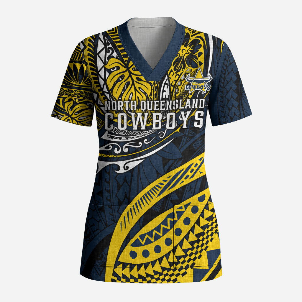 Personalised North Queensland Cowboys Scrub Top Polynesian Tribal Art Style With Powerful Blue Heeler Mascot