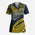Personalised North Queensland Cowboys Scrub Top Polynesian Tribal Art Style With Powerful Blue Heeler Mascot