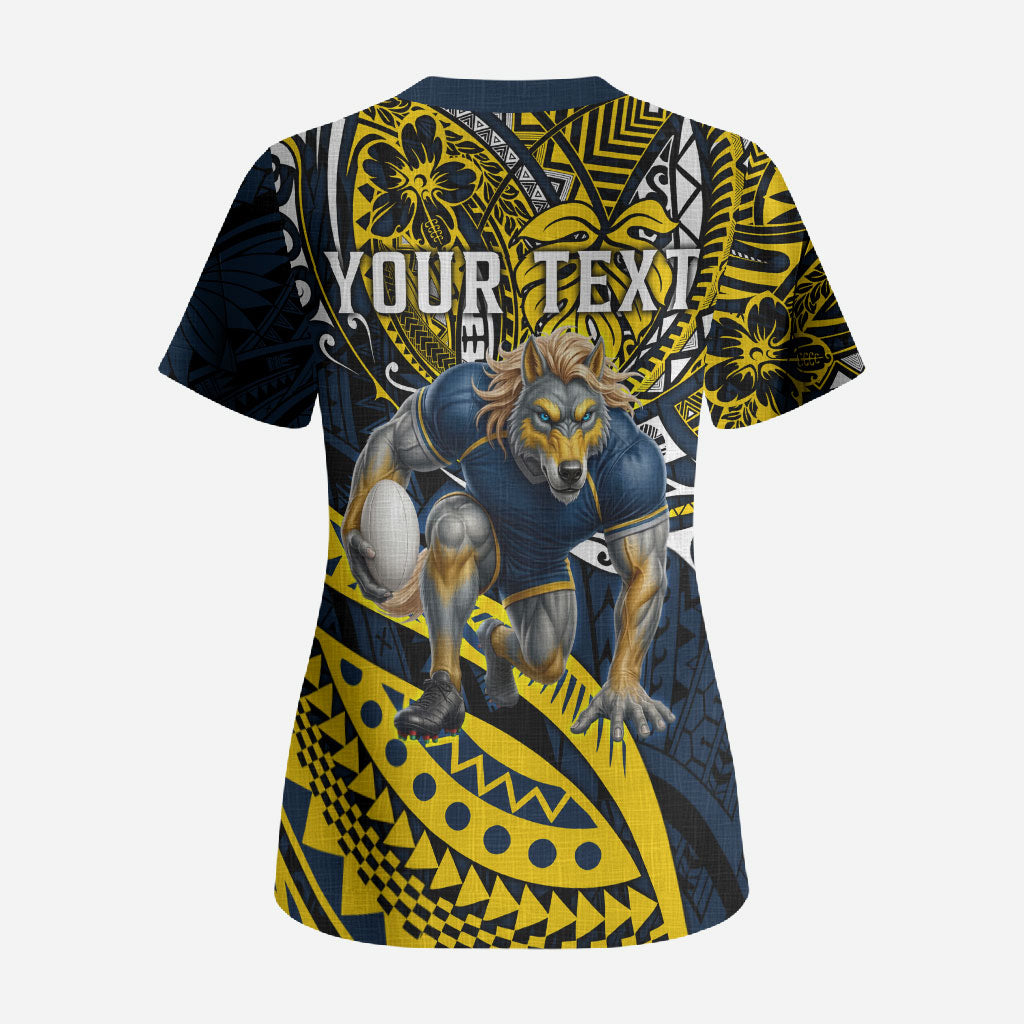 Personalised North Queensland Cowboys Scrub Top Polynesian Tribal Art Style With Powerful Blue Heeler Mascot