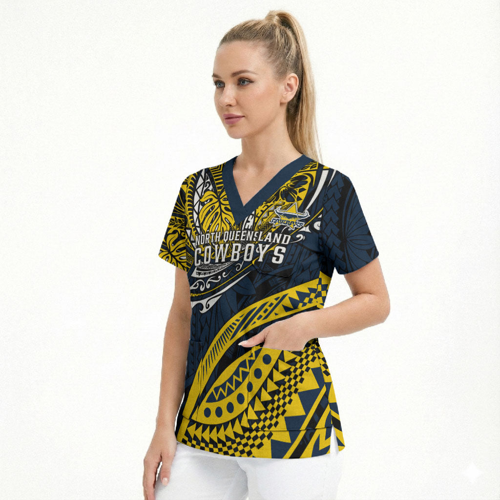 Personalised North Queensland Cowboys Scrub Top Polynesian Tribal Art Style With Powerful Blue Heeler Mascot