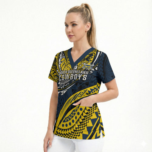Personalised North Queensland Cowboys Scrub Top Polynesian Tribal Art Style With Powerful Blue Heeler Mascot