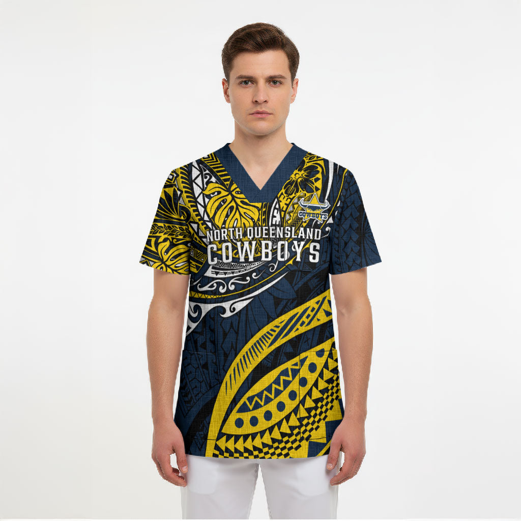 Personalised North Queensland Cowboys Scrub Top Polynesian Tribal Art Style With Powerful Blue Heeler Mascot