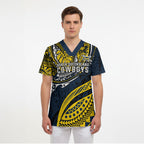 Personalised North Queensland Cowboys Scrub Top Polynesian Tribal Art Style With Powerful Blue Heeler Mascot