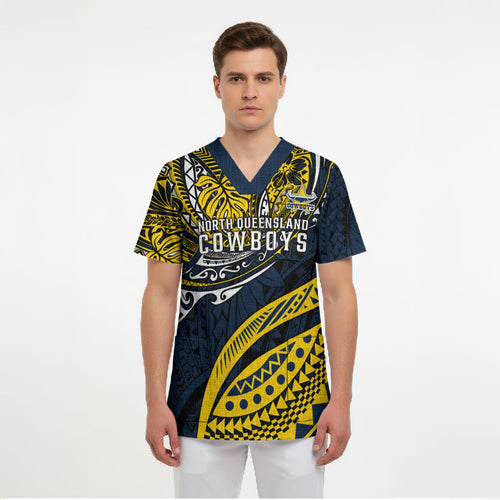 Personalised North Queensland Cowboys Scrub Top Polynesian Tribal Art Style With Powerful Blue Heeler Mascot