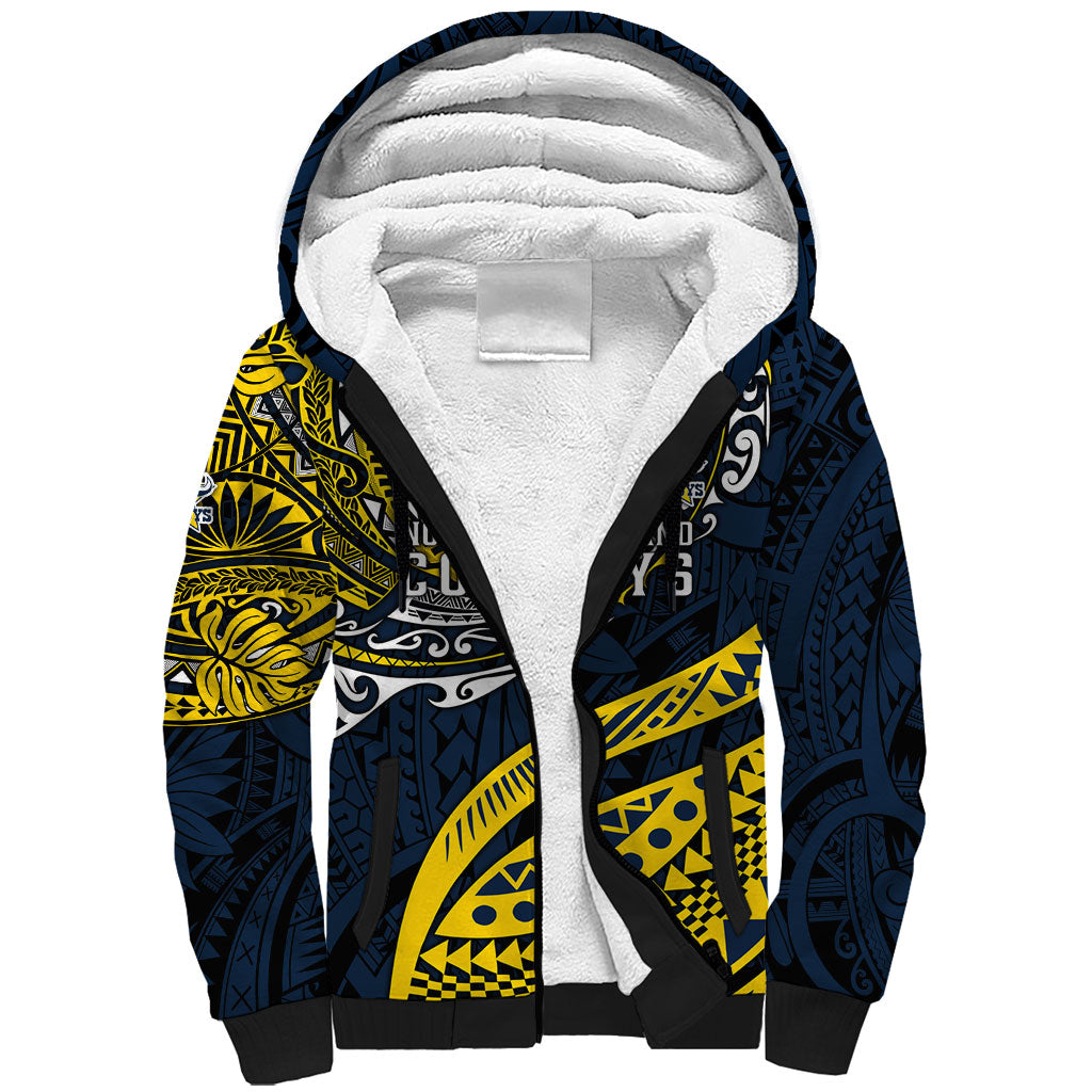 Personalised North Queensland Cowboys Sherpa Hoodie Polynesian Tribal Art Style With Powerful Blue Heeler Mascot