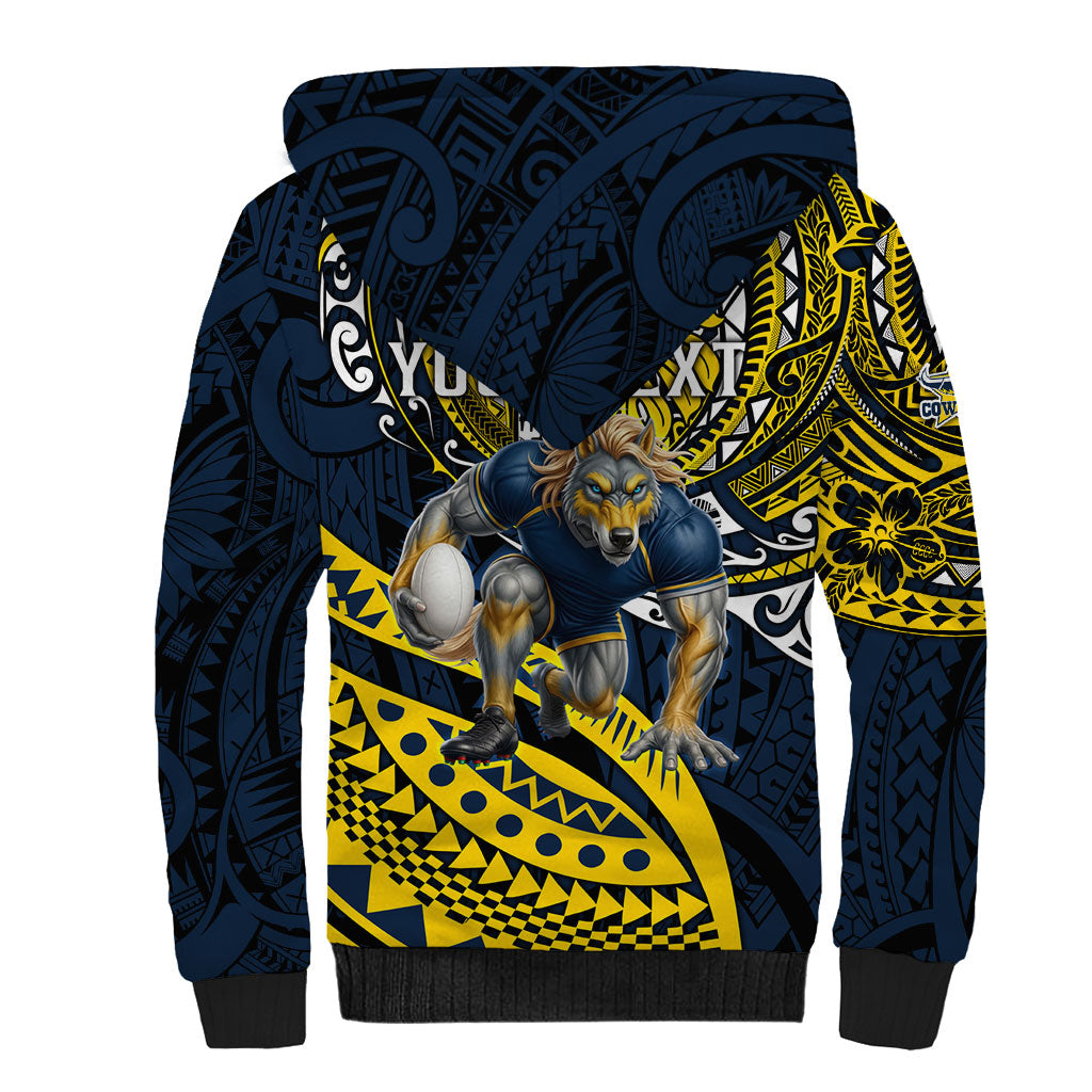 Personalised North Queensland Cowboys Sherpa Hoodie Polynesian Tribal Art Style With Powerful Blue Heeler Mascot
